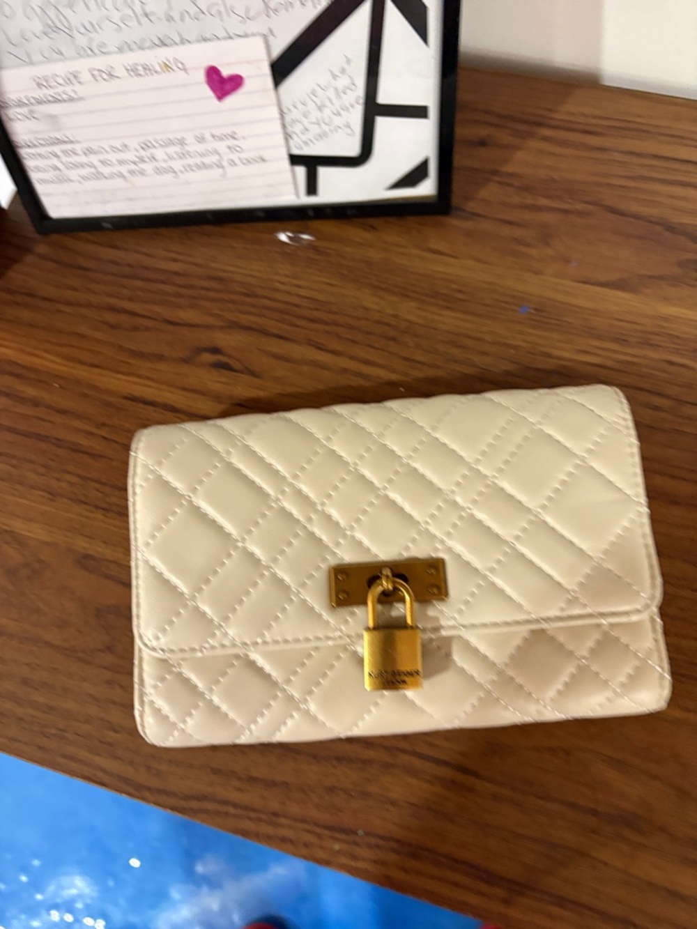 Kurt Geiger Cream Quilted Clutch with Gold Padlock
